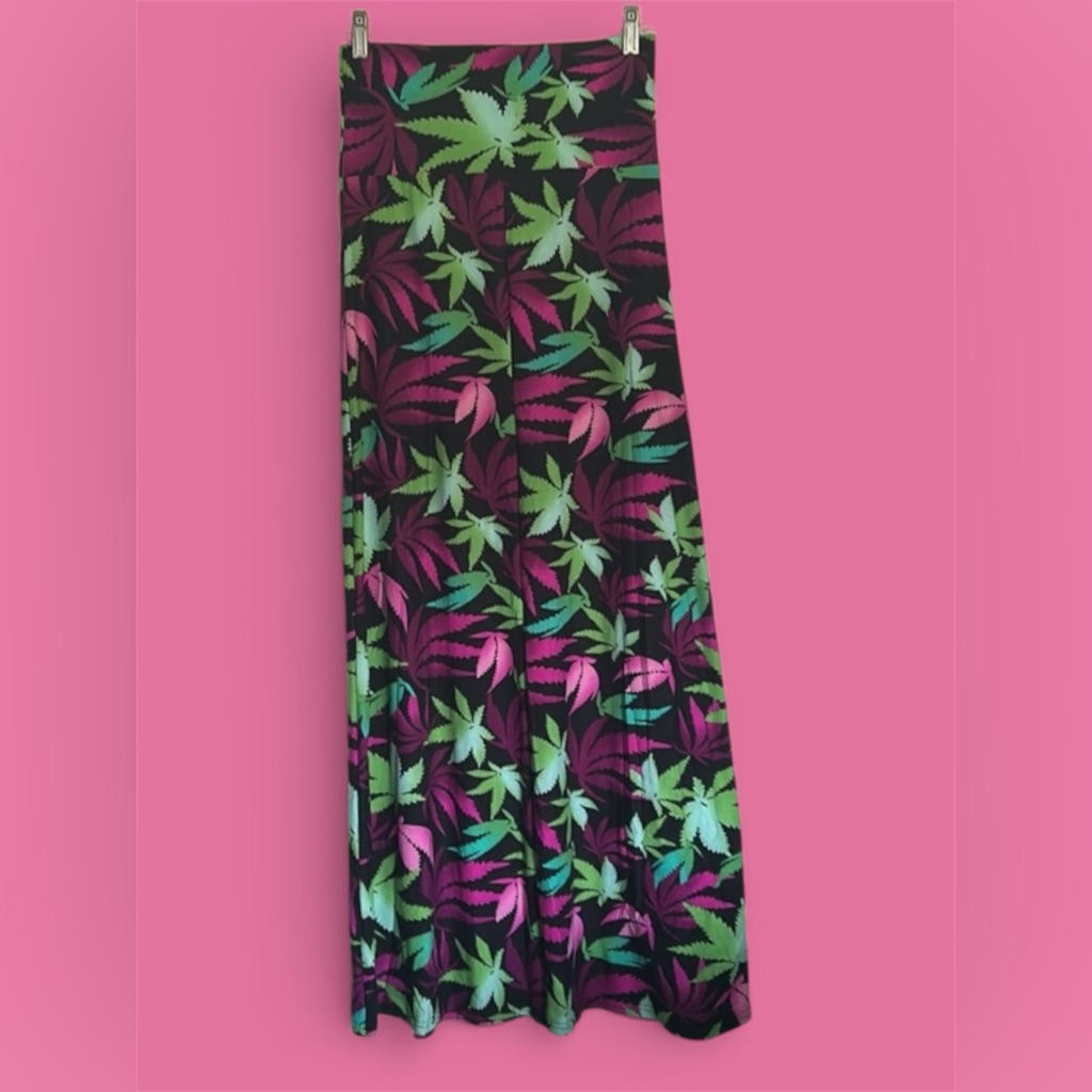 Pot Leaf Print Swim Coverup Skirt - Black, Green, Pink 420 Maxi
